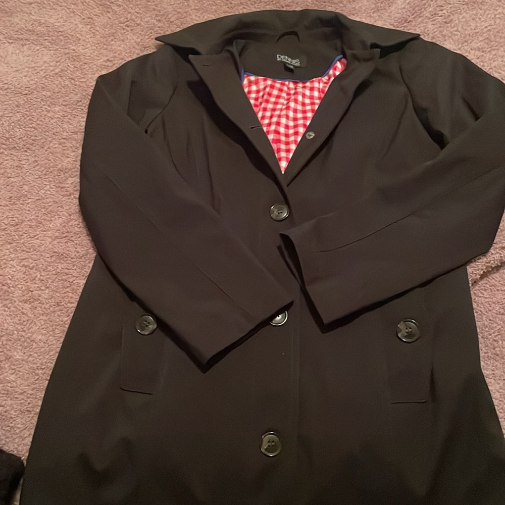 NWOT Dennis Basso Black Trench Coat w Red Gingham Lining - XXS